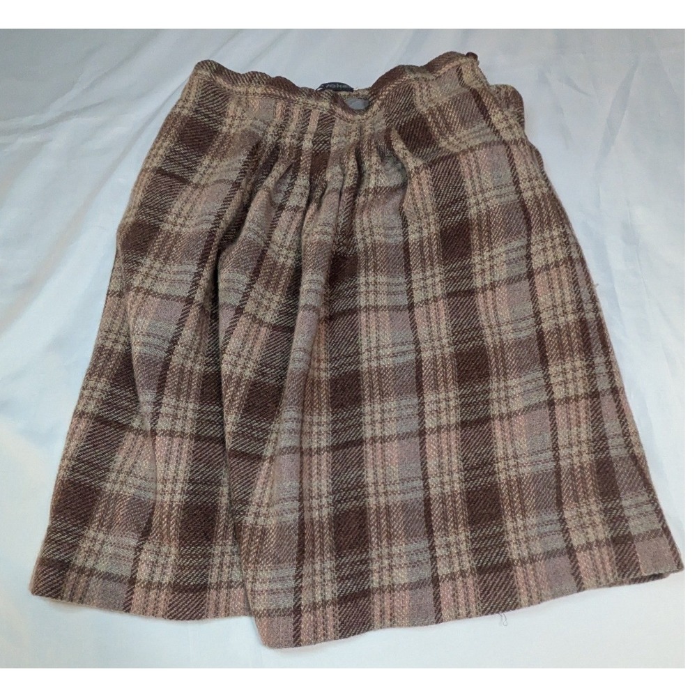 Paula Saker Plaid Skirt Womens 14 Brown Pink Excellent Vintage A-Line Gathered